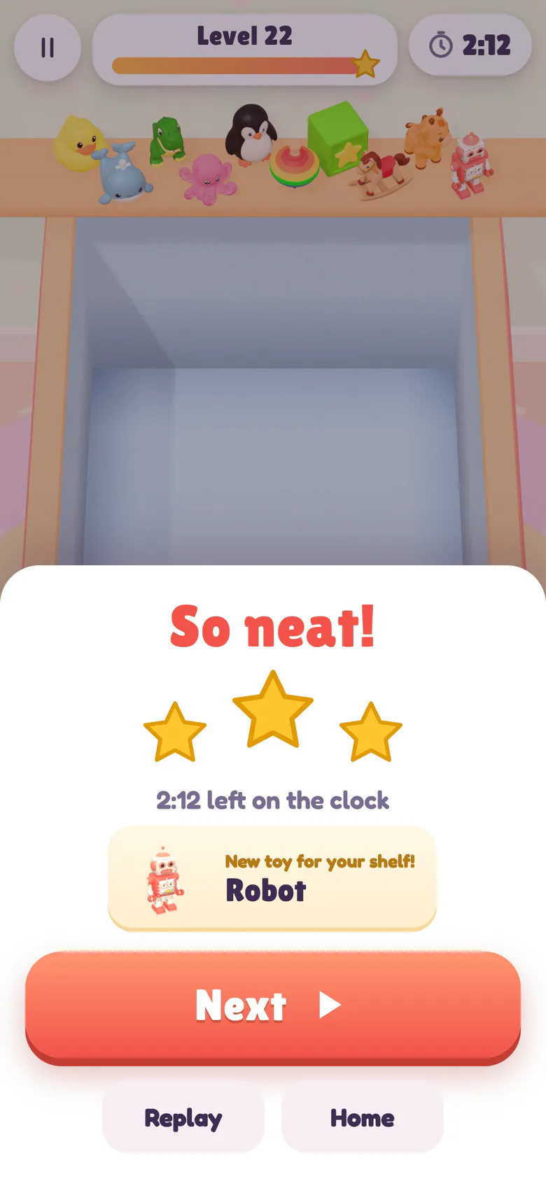 Win sheet saying So neat! with three gold stars and 2:12 left on the clock and a New toy for your shelf! card with the robot, while the level's toys stand on the wall shelf above the empty chest.