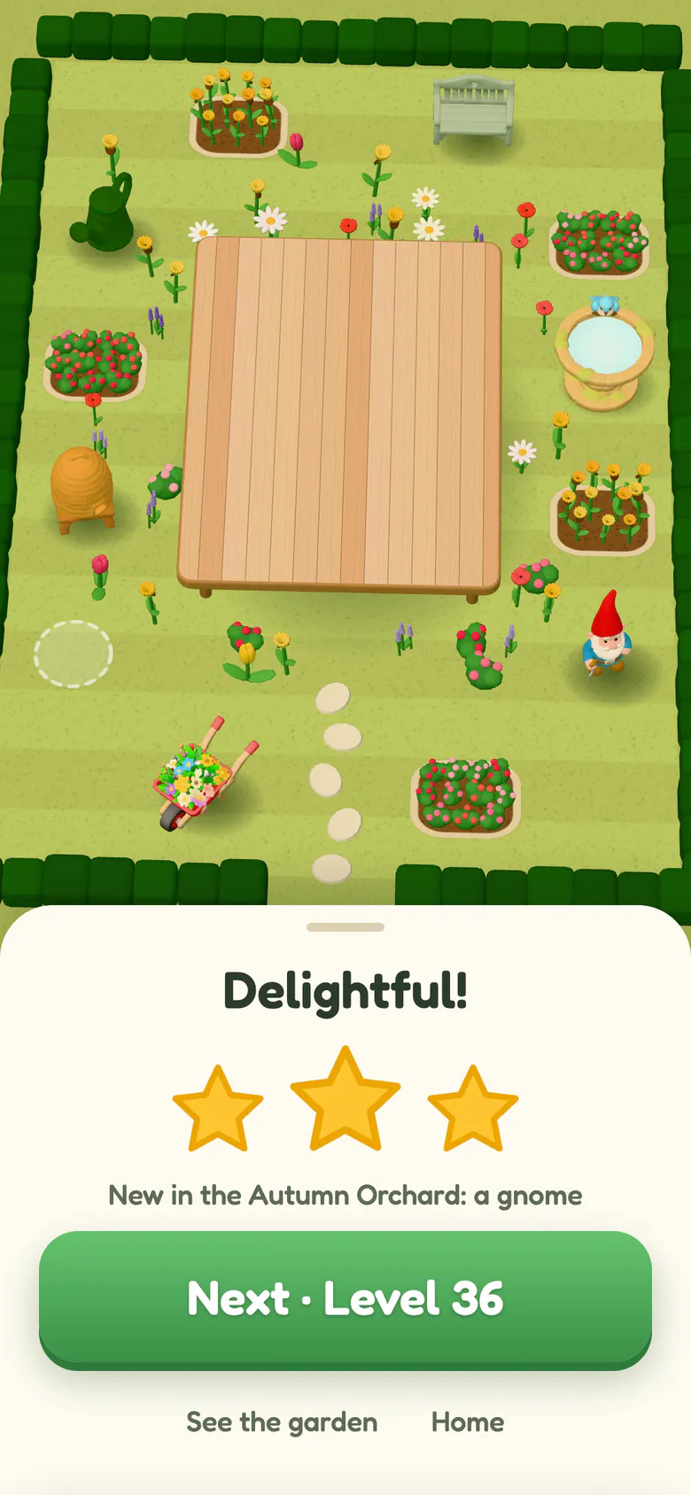 Win sheet saying Delightful! with three gold stars and New in the Autumn Orchard: a gnome, above the garden where a red-hatted gnome has just landed among flower beds, a birdbath and a wheelbarrow.