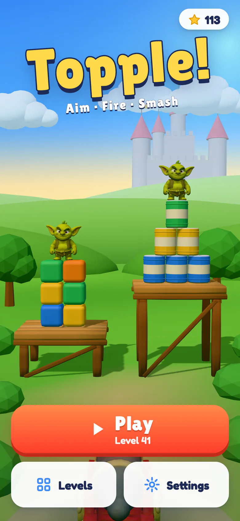 Topple! title screen: goblins standing on stacks of cans and blocks in a sunny castle kingdom.