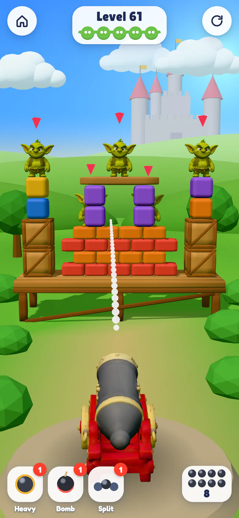 Level 61: a fort of crates, bricks and purple blocks guarded by five goblins, with three special balls and the aiming arc.