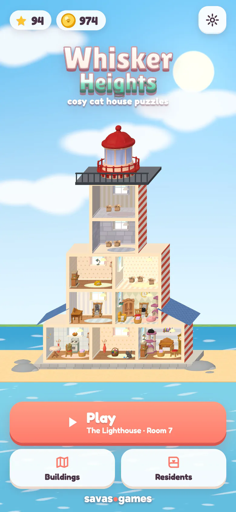Whisker Heights home screen: the logo over the Lighthouse drawn cut open like a dollhouse, its round floors full of furnished rooms, with the Play button for the Lighthouse, room 7, and the Buildings and Residents buttons.