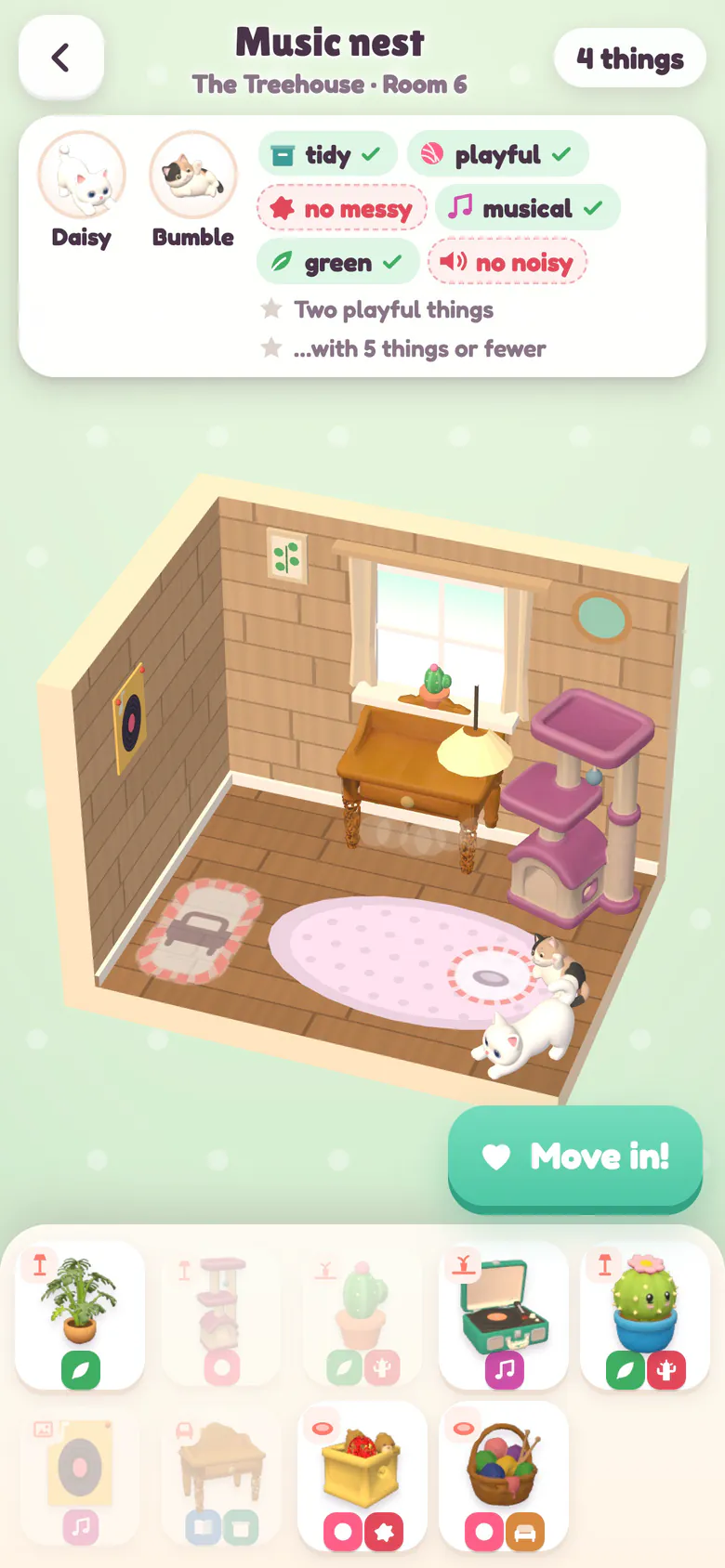 A cat-client room in the Treehouse: the wish card for Daisy and Bumble asks for tidy, playful, musical and green things and nothing messy or noisy, a desk, a cat tree and a rug are in place, and the Move in! button glows above the tray of furniture.