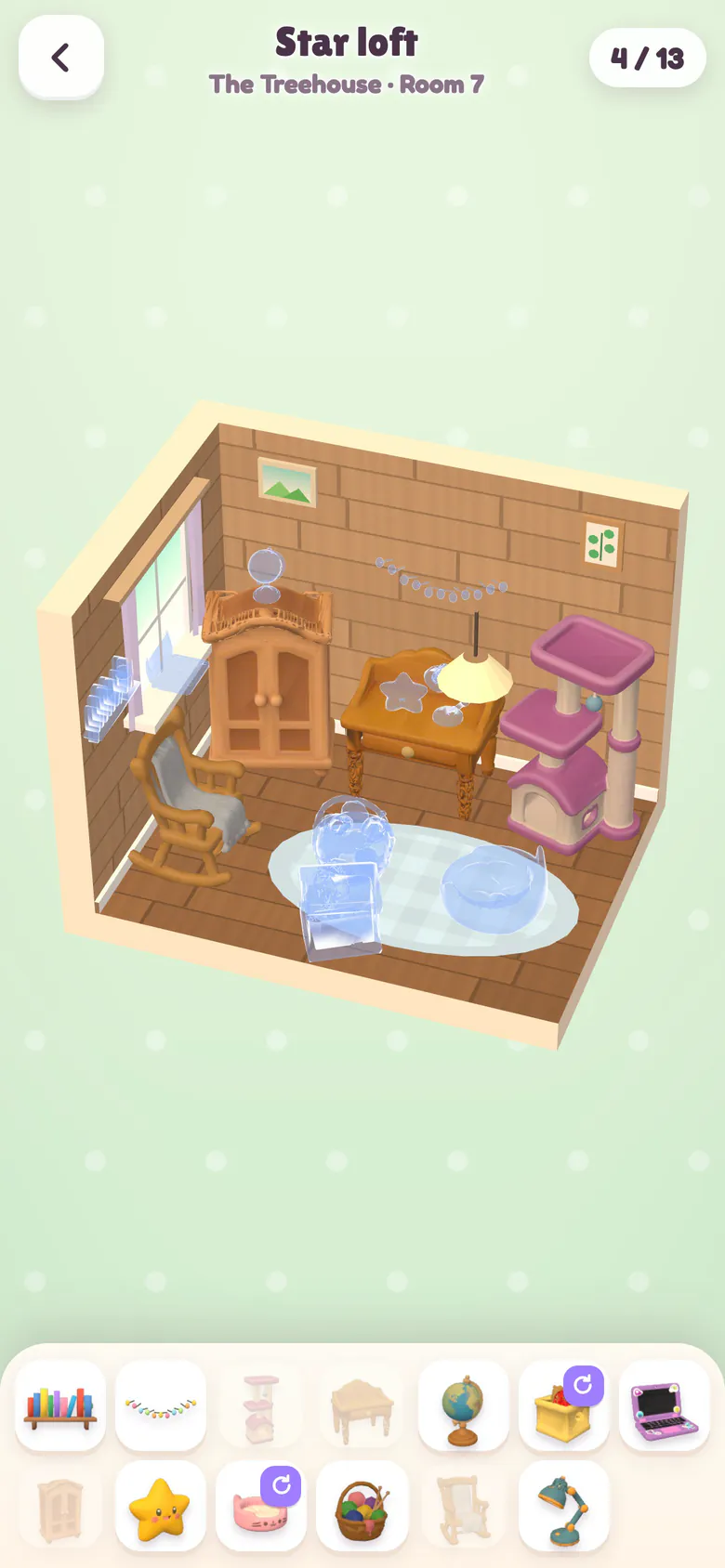 A sticker room in the Treehouse: four of thirteen things are in place and glowing outlines show where the rest go, with the tray of things below.