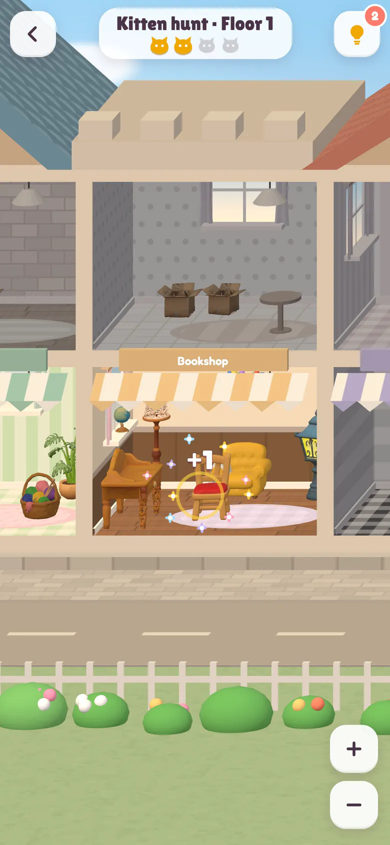 A kitten hunt on Market Lane: the camera looks into the shops of the first floor for kittens hiding among the furniture, with the kitten counter at the top and zoom buttons at the side.