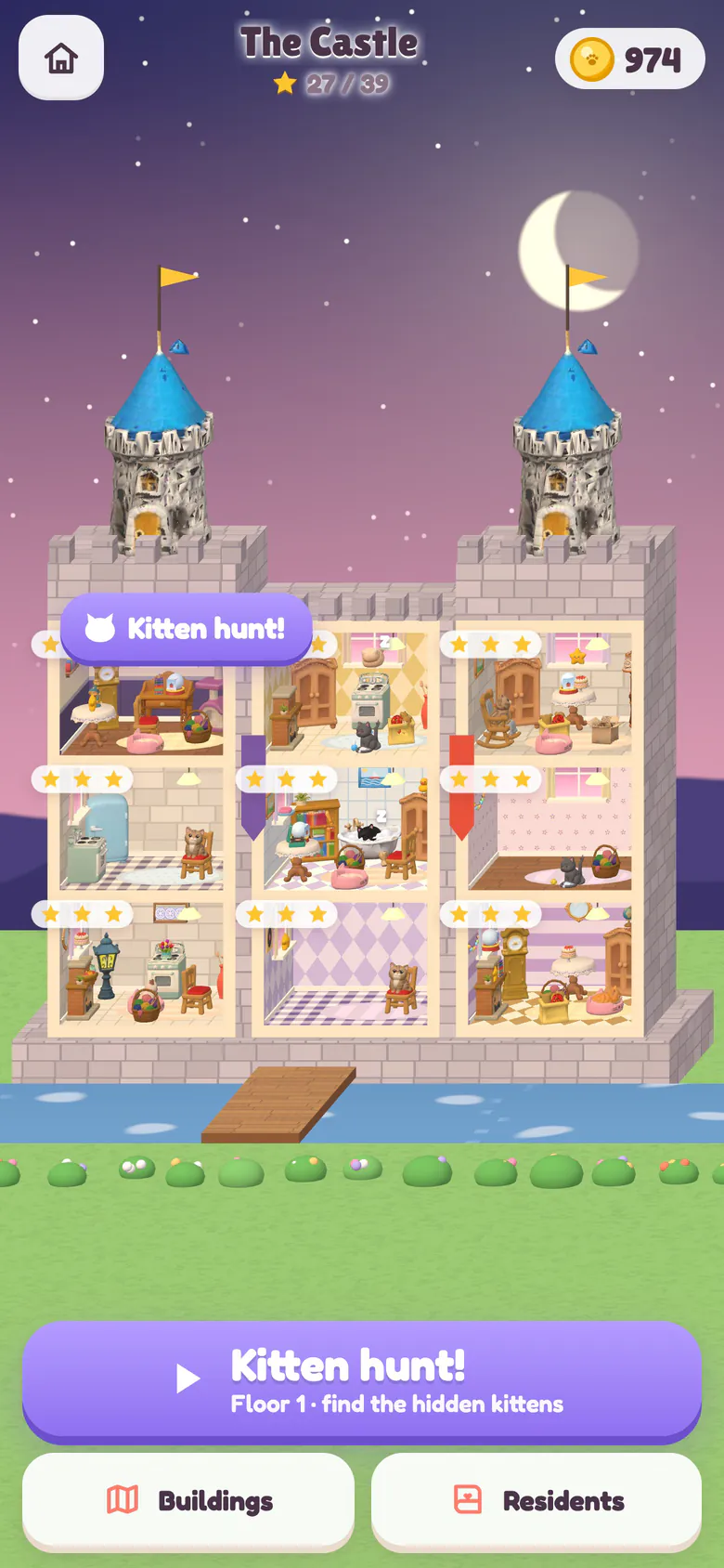 The Castle at night, drawn cut open: its tower rooms are furnished and lit, a moon hangs over the turrets and a Kitten hunt! button waits below.
