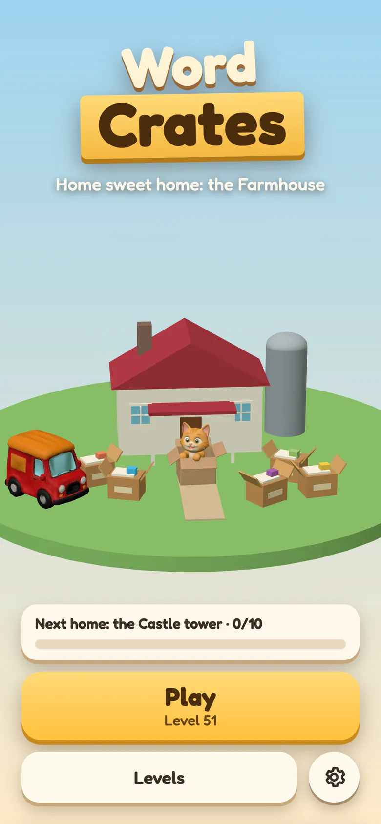 Word Crates home screen: the logo above a farmhouse with a red roof and a silo, a ginger cat peeking out of a cardboard box on the doorstep, unpacked boxes and the red moving van, with Next home: the Castle tower and the Play button for level 51.