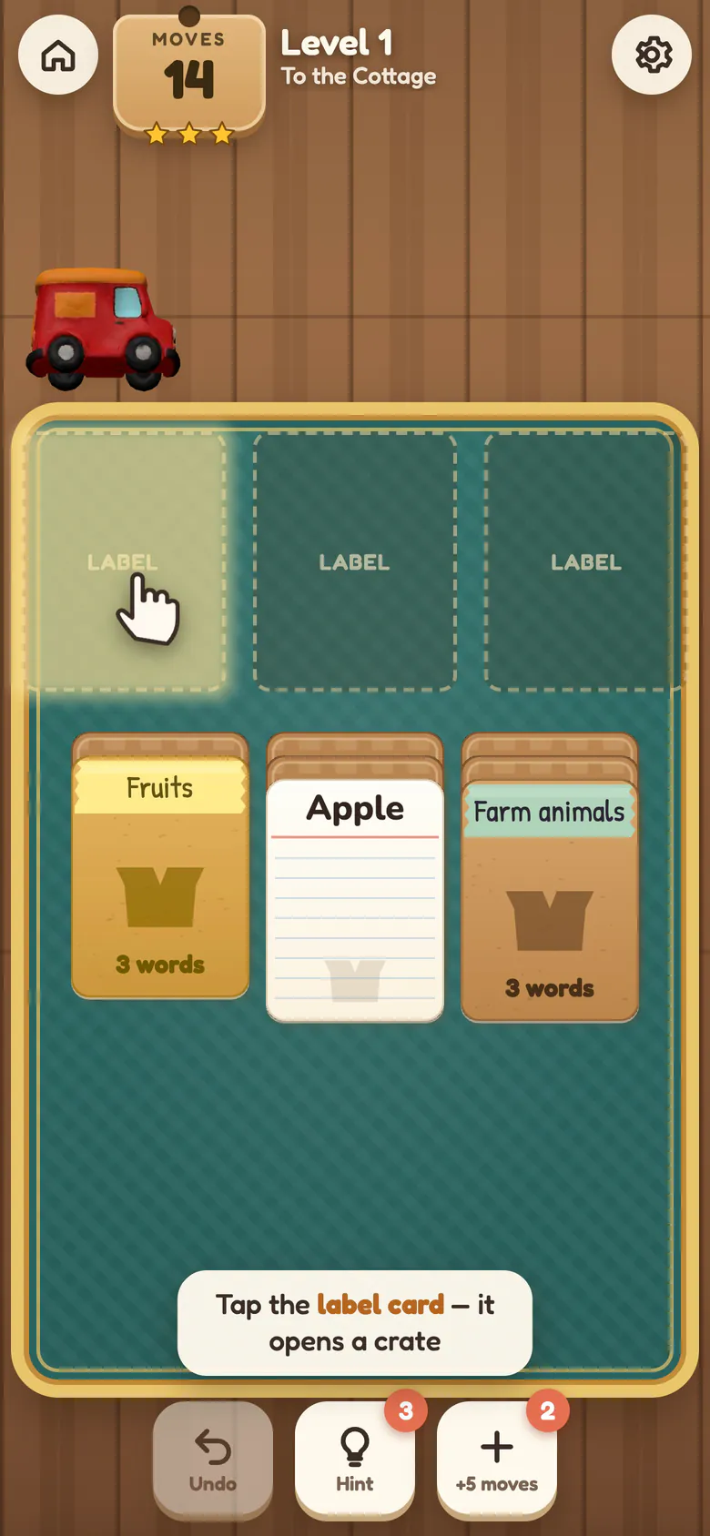 Level 1: a pointing hand rests on a glowing empty crate spot to show where the Fruits label card goes, next to an Apple word card and the Farm animals label, with the hint Tap the label card, it opens a crate.