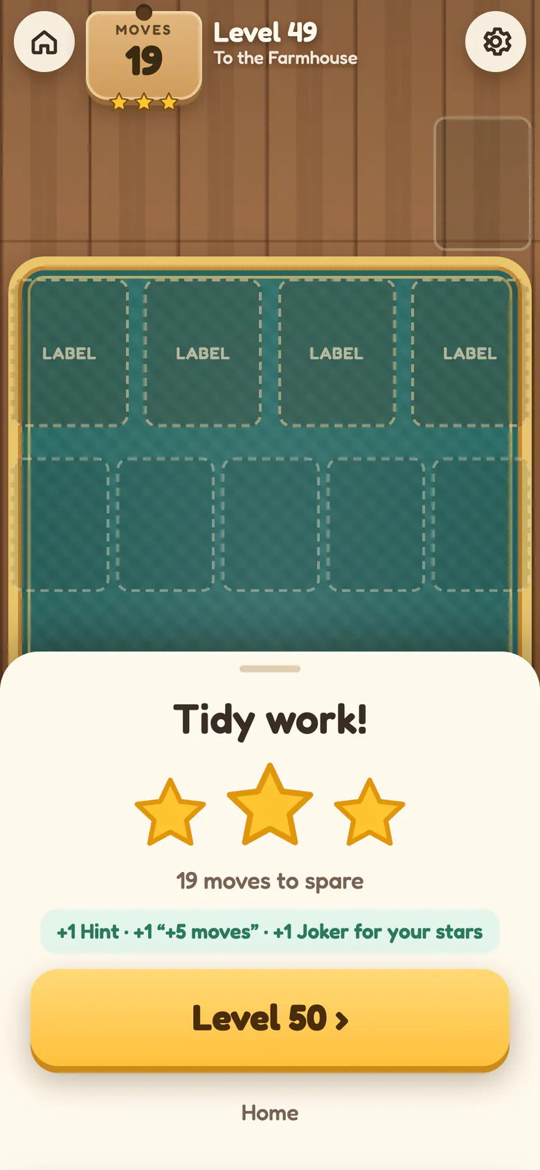 Win sheet saying Tidy work! with three gold stars, 19 moves to spare and a reward of a Hint, a +5 moves and a Joker for the stars earned, with the Level 50 button.